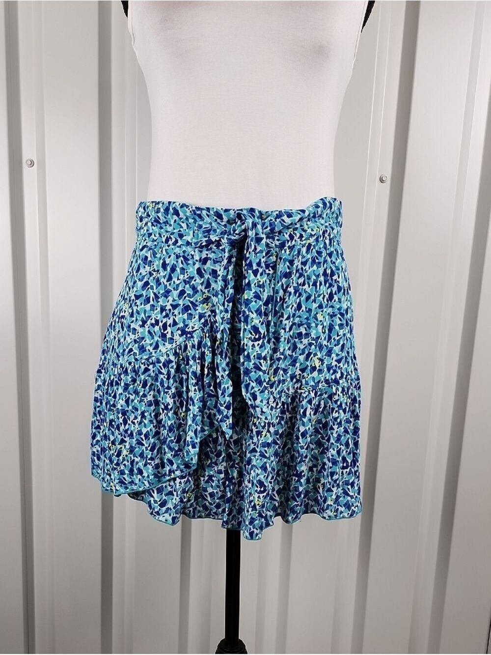 Poupette St. Barth Womens Nola Blue Mosaic Print Faux Wrap Mini Skirt Medium EUC